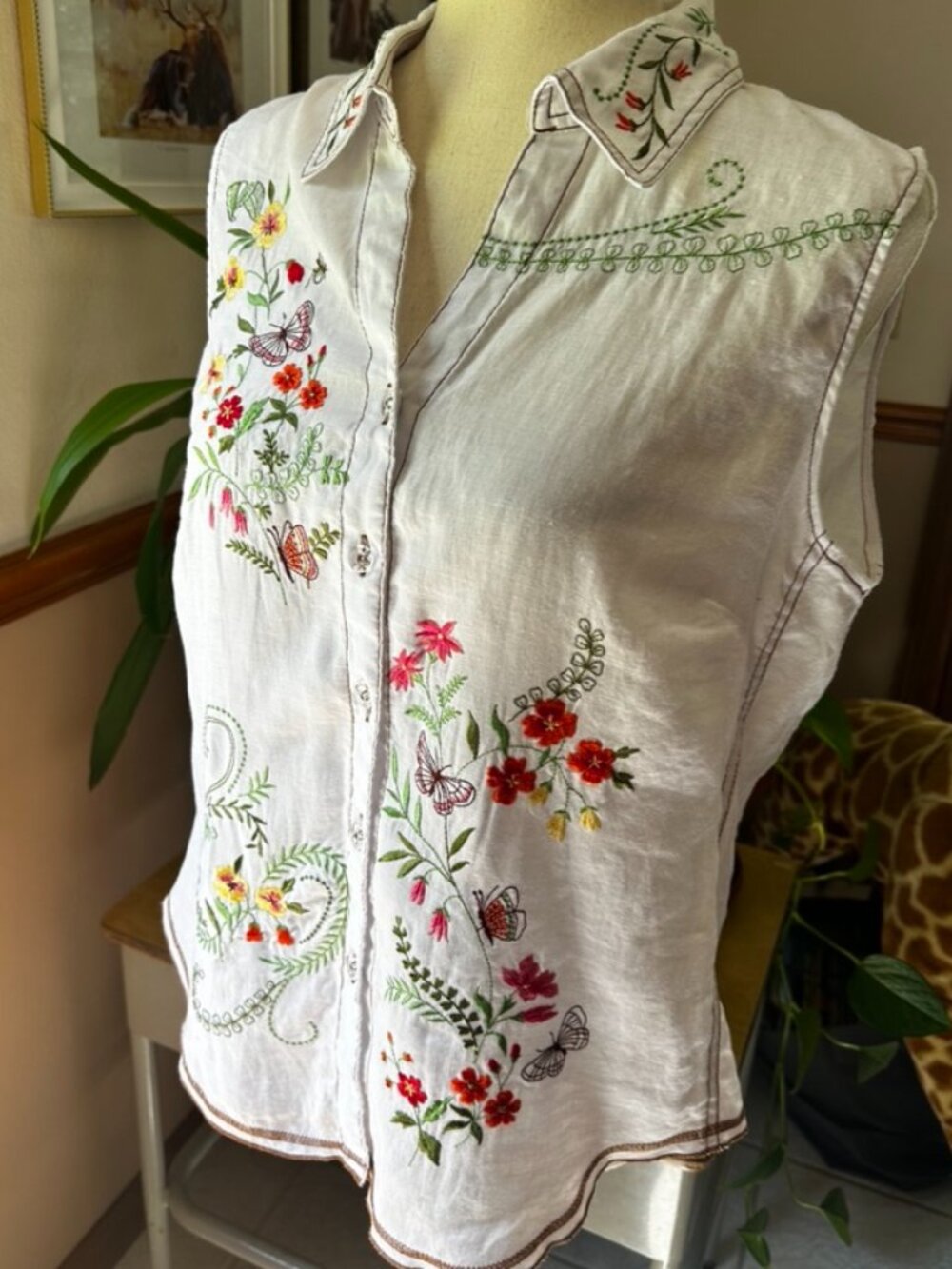 Carole Little Linen Sleeveless Embroidered Blouse, Women's L, EUC